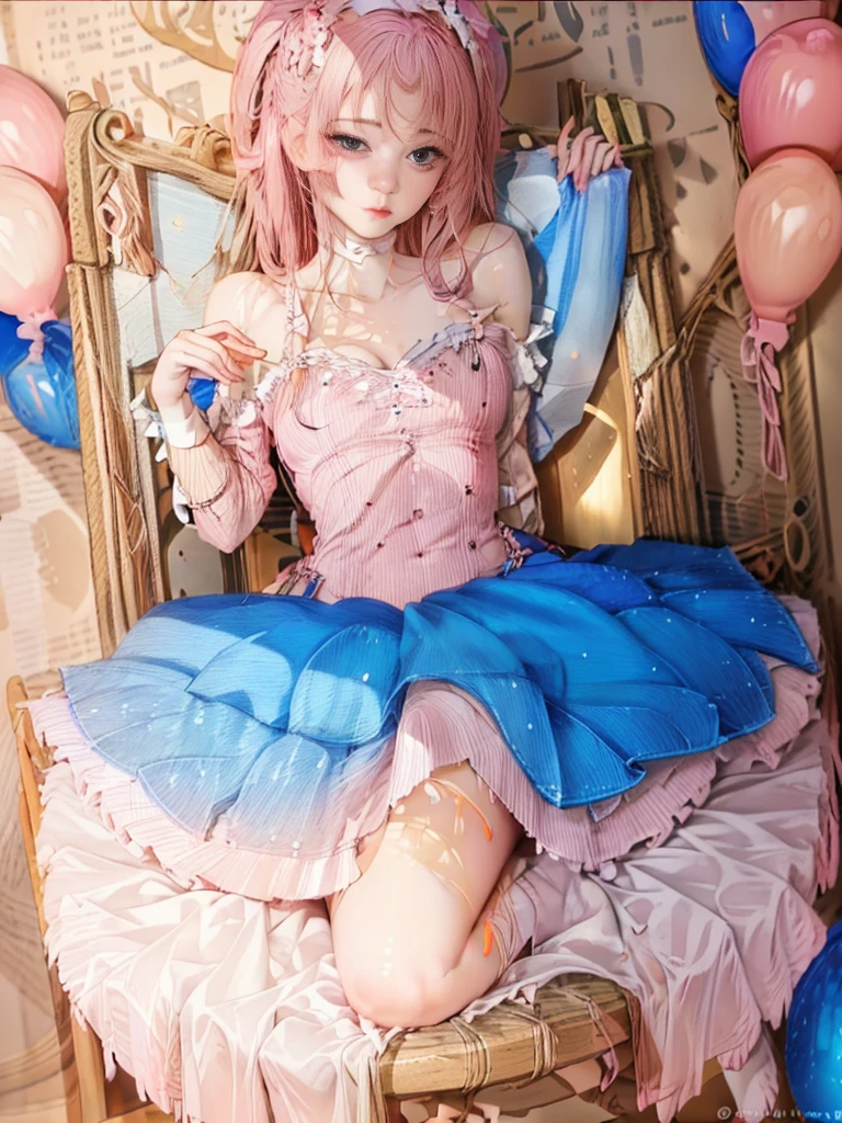 sweet girl，Beautiful and lovely，flower ring，pink suspenders，bare shoulders，show me your waist，short skirt，a little cleavage，many colorful bubbles，Bright face，chibistyle，There is a collarbone，long white hair，fluffy，fits your finger perfectly，delicate face，It is perfect，4K quality，colored balloons，towards the sky，3D artistic rendering，3d art girl，distance ，Newspaper on wall background，traditional china painting，32K Ultra HD，top quality，colorful oil pastels