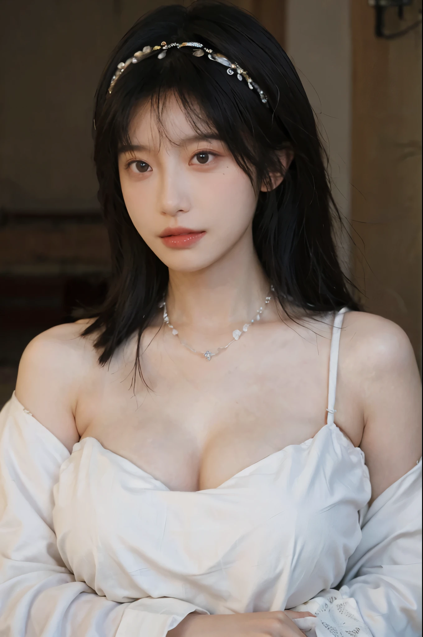 Portrait photography,1 girl,White background,Flowers,White JK,Bare shoulders,Lipstick,(Big Breasts:1.6),Shoulder-Length Wavy Hair,Wear a necklace,Headband,serene,calm,(Realistic and detailed eyes,Natural skin texture,Realistic facial details),