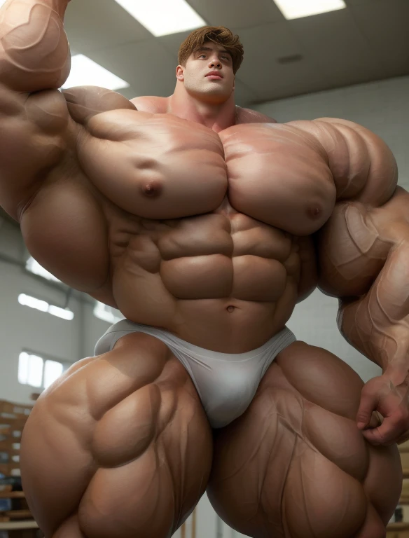 1boy, giant, alone, giant bodybuilder, illuminating light, strong body, bulk, large size, standing, armpit, in white laboratory studio, indoor, naked, nude, white triangular underwear, big thick bulge, extraordinary big, brutalmass, giant muscular body, bulk, buff, massive body, large meaty body size, extremely wide body