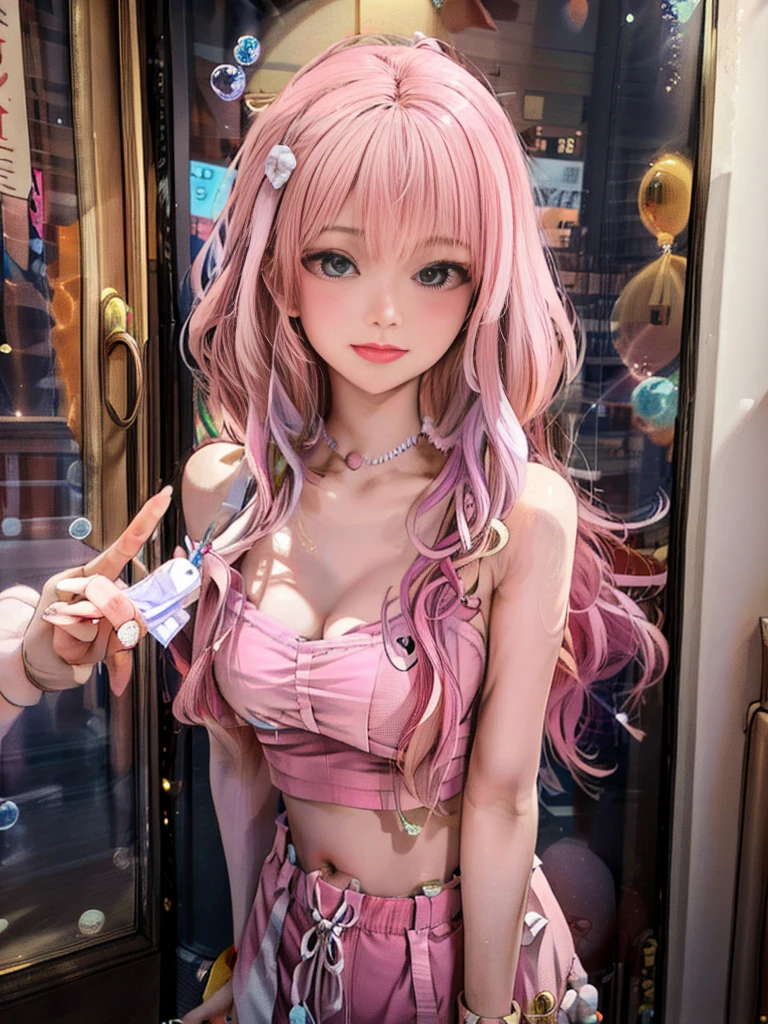 sweet girl，Beautiful and lovely，flower ring，pink suspenders，bare shoulders，show me your waist，short skirt，a little cleavage，many colorful bubbles，Bright face，chibistyle，There is a collarbone，long white hair，fluffy，fits your finger perfectly，delicate face，It is perfect，4K quality，colored balloons，towards the sky，3D artistic rendering，3d art girl，distance ，Newspaper on wall background，Traditional Korean painting，32K Ultra HD，top quality，colorful oil pastels