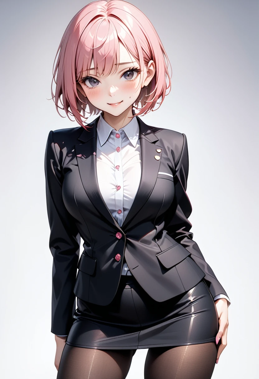 ((skirt suit)), ((cropped jacket)), ))Pencil skirt)), (black pantyhose), skindentation, skinny, solo, 1 woman, Masterpiece, highest quality, highest quality, 16K, incredibly absurd, highly detailed, 2.5D, ai-generated, delicate and dynamic, very delicate facial expressions, delicate eye depiction, erotic, only sexy woman, ((A cute and kind face)), healthy figure, 25-year-old woman, 160cm tall, medium firm swaying bust, (short hair), (pink hair:1.5), bob cut, black eye, blush, Sweat,Embarrassed,sexy, ((thin thighs)), (camel toe:0.8), (Erect nipples:0.7), ((shiny and lustrous)), facing straight at viewer, smile, (standing), cowboy shot, (arms behind back),
