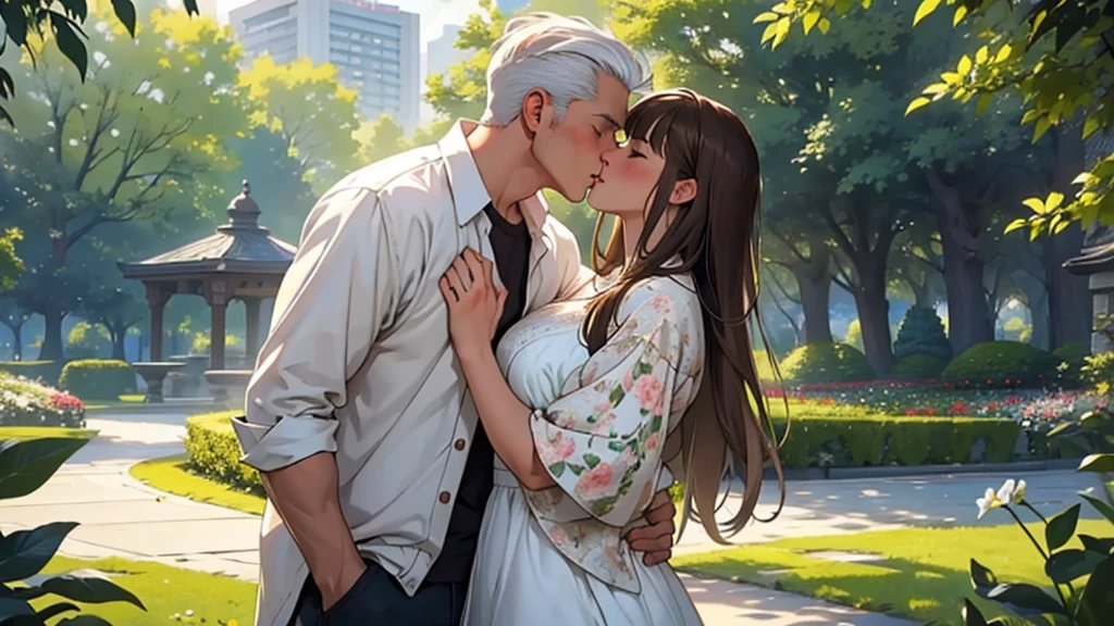 ((best quality)), ((work of art)), ((detailed)), man with white hair, casual clothes, kissing a woman with brown hair and bangs, wearing a white dress, in a flowered park