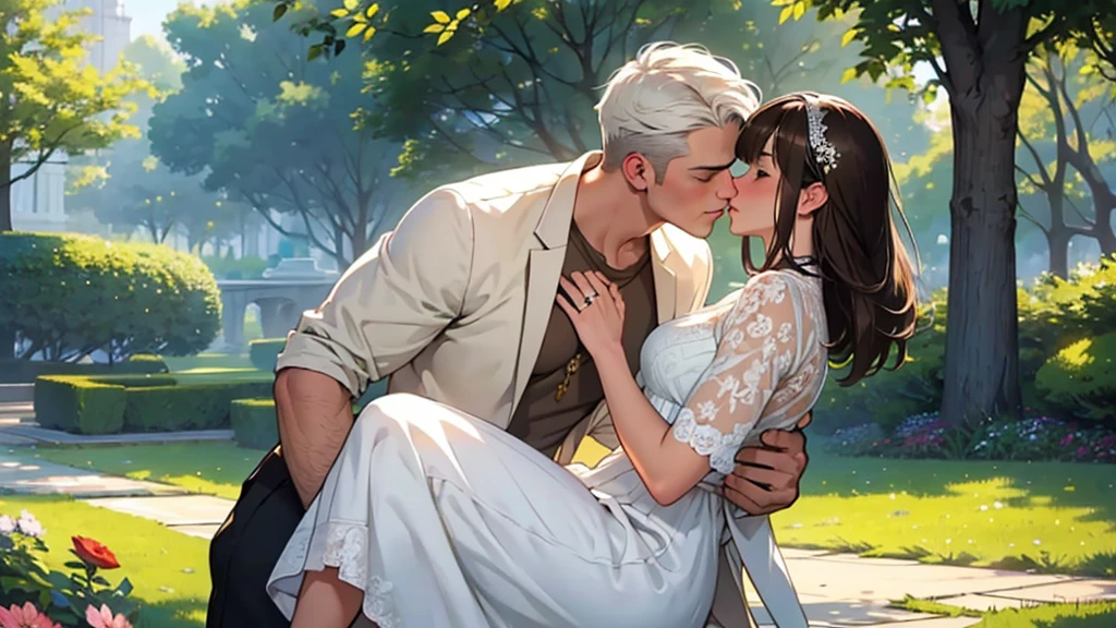 ((best quality)), ((work of art)), ((detailed)), man with white hair, casual clothes, kissing a woman with brown hair and bangs, wearing a white dress, in a flowered park