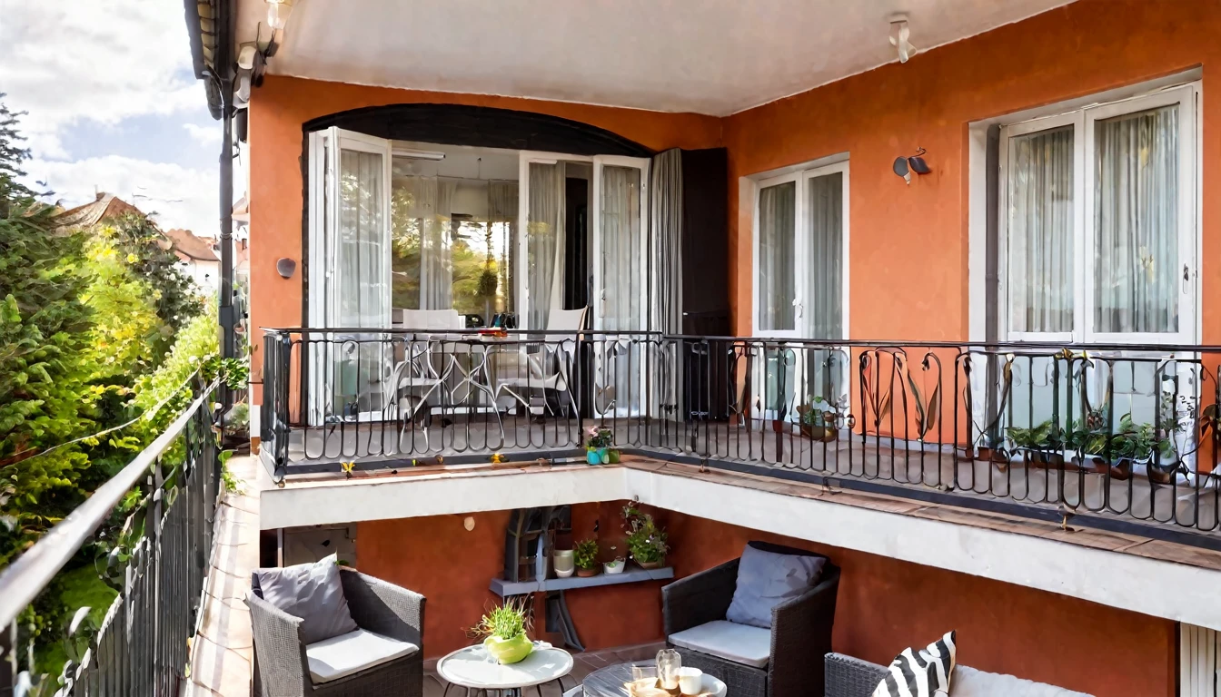 facing house with balcony, cozy, daytime, no people in the place