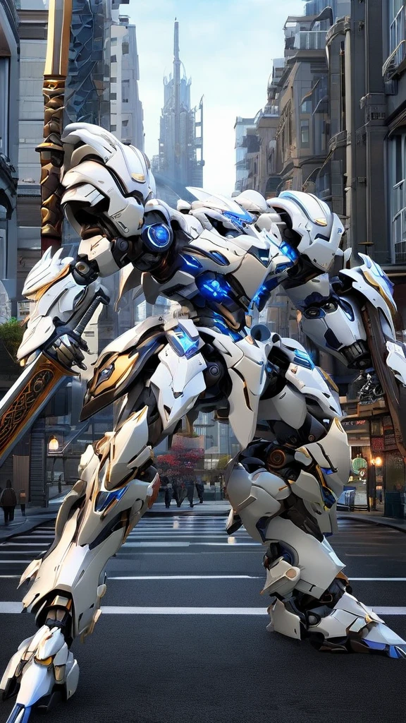 (FRS:0.8), mecha robot, mecha armor, full armor, (large size robot:1.5), glowing blue eyes, city, (full body:1.2), clenched hand, mechanical parts, robot joints, (huge shield:1.2),best quality, masterpiece, highly detailed, ultra-detailed,(battle-ready:1.2),(powerful stance:1.3),(Detailed eye description:1.2),(huge mechanical weapon:1.3),(detailed armor description:1.2),(detailed shield description:1.2), (detailed weapon description:1.2),(huge mechanical gun:1.2), (holding sword and weapon :1.3)