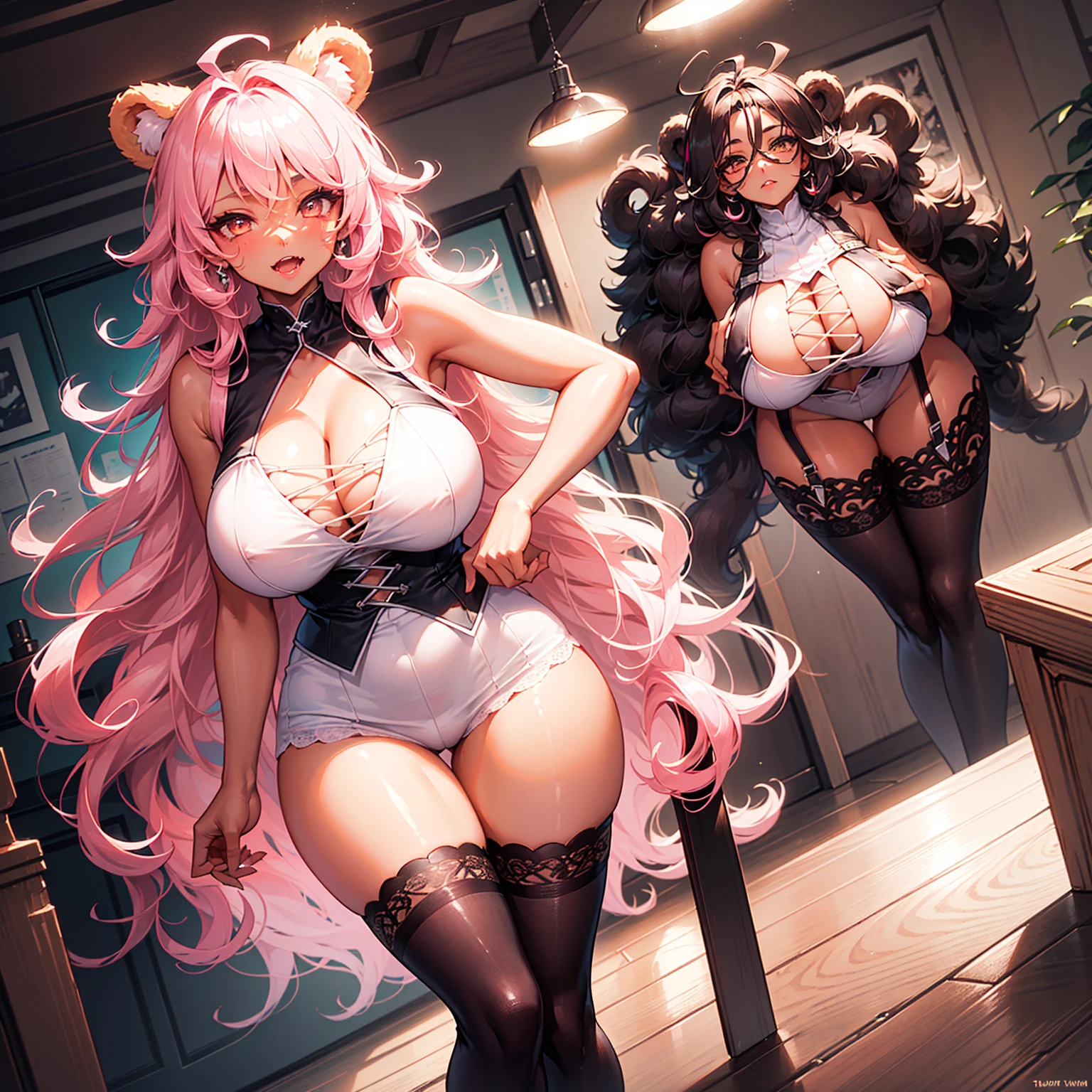 ((((1girl)))), pink hair, ahoge, (curly hair), ((very long hair)), bear ears, (tsurime eyes) (((fang))), ((((((dark skin)))))), ((huge breasts)), ((brown eyes)), (thick thighs), ((thick lips)), ((wide hips)), (thighhighs), ((lace)), super detailed, ((cleavage)), ((best quality)), highres, UHD, textured skin, ((pink)), ((indoor)),