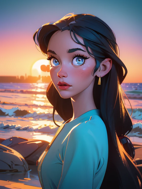 (best quality,4k,8k,highres,masterpiece:1.2),ultra-detailed,1girl,olive oyl, naked, on beach, beautiful detailed eyes, beautiful detailed lips, extremely detailed face, long eyelashes, sensual pose, ocean waves, golden sunset, dramatic lighting, cinematic, vibrant colors, cartoon art style