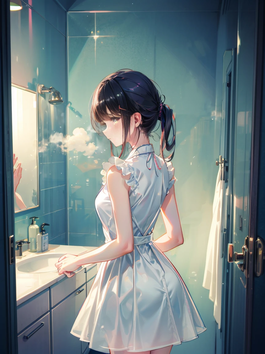 Beautiful woman、28age、Draw a scene of Misaki standing in front of the bathroom mirror.。Misaki is wearing a transparent black dress with a light mist-like texture.。The dress symbolized her loneliness.、It gives a heavy yet ephemeral feeling.。Her expression is sad and introspective.、I'm looking at myself in the mirror。The background is a simple and contemporary bathroom.、The soft morning light shines in、There's a little bit of steam。The cityscape is faintly reflected in the mirror.。