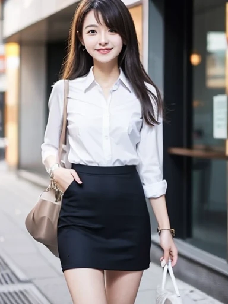 Japanese、18 year old girl、Very slim、((Smiling))、business suit、Business district、mini skirt