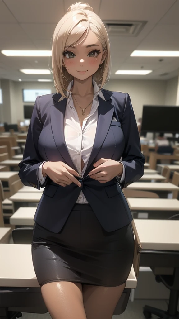 1 girl, looking directly at viewer, , business attire, highly detailed , tan skin, top showing skin