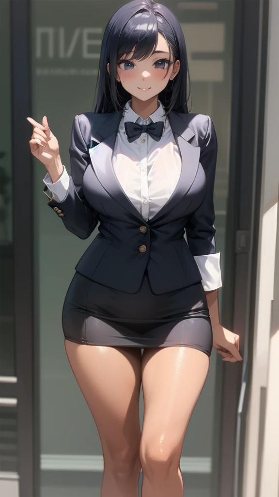 best quality, masterpiece, 1 girl, beautiful face, (photo photo-realistic:1.3), edge lighting, (high detail skin:1.2), 8k ultra hd, dslr camera, high quality, high resolution, 4k, 8k, bokeh, absurd, best ratio four fingers and one thumb, (realistic:1.3), cute 1girl, wearing a black formal blazer, huge breasts with heavy sagging, short skirt, black stockings, high heels, dynamic pose, colorful anime hairstyle,