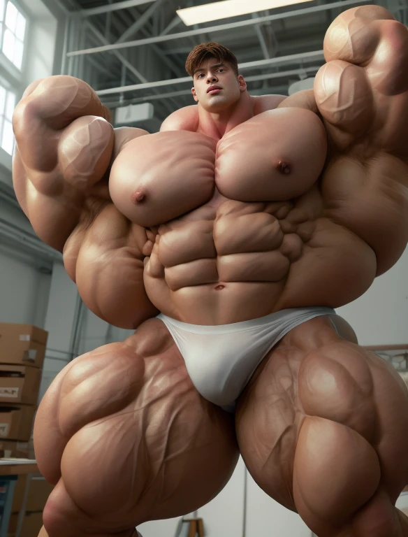 1boy, giant, alone, giant bodybuilder, illuminating light, strong body, bulk, large size, standing, armpit, in white laboratory studio, indoor, naked, nude, white triangular underwear, big thick bulge, extraordinary big, brutalmass, giant muscular body, bulk, buff, massive body, large meaty body size, extremely wide body