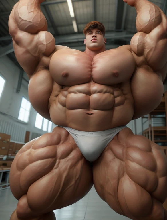 1boy, giant, alone, giant bodybuilder, illuminating light, strong body, bulk, large size, standing, armpit, in white laboratory studio, indoor, naked, nude, white triangular underwear, big thick bulge, extraordinary big, brutalmass, giant muscular body, bulk, buff, massive body, large meaty body size, extremely wide body