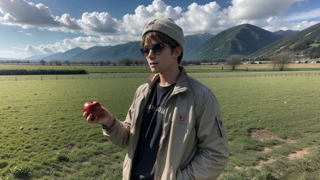 um man in the field, apple in hand