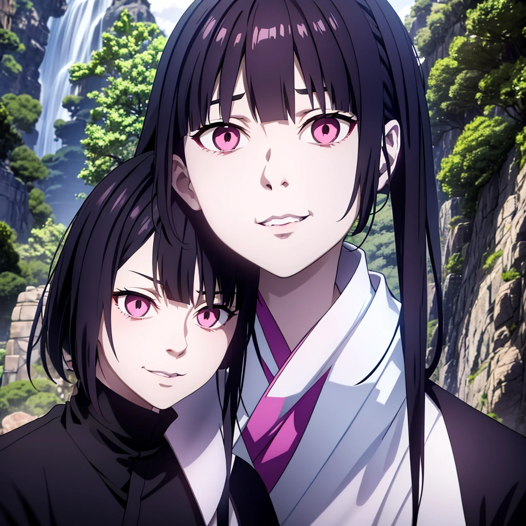 Jujutsu Kaisen style anime, a girl, alone, white skin, white eyes with lilac details and no pupils, long straight black hair with bangs, wearing a dark blue Jujutsu Kaisen uniform, is looking at the viewer, she is smiling without showing her teeth , slightly pink lip, slightly pink cheeks, background of a forest with some oriental buildings