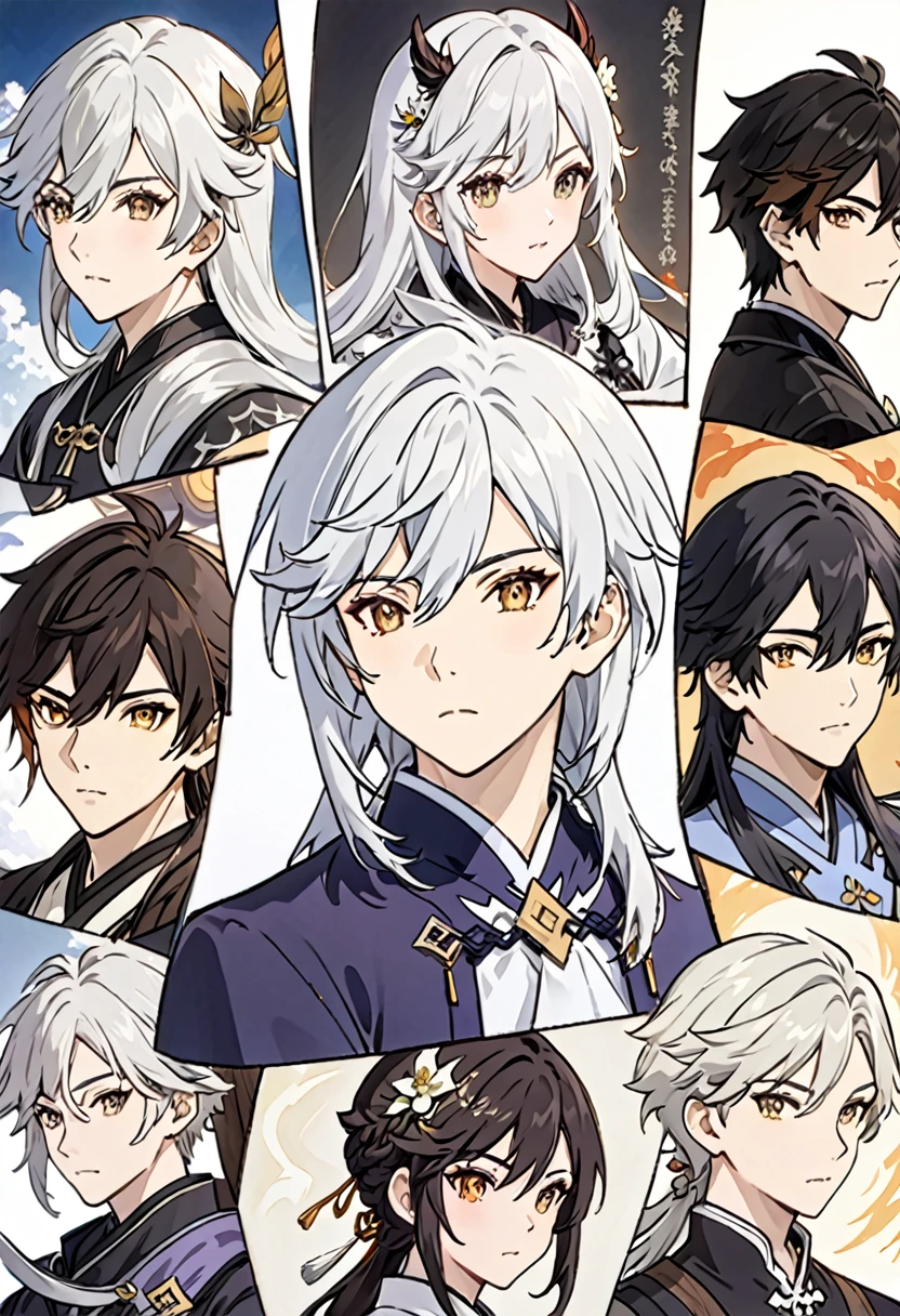 アニメ, um homem de pele oscura com white  hair, keqing do impacto genshin, cute androgynous prince, delicate androgynous prince, white  hair deity, zhongli do impacto genshin, handsome guy in demon slayer art, genshin, photo of a male cleric, white  hair, portrait of thancred, arte detalhada de personagem de アニメ,