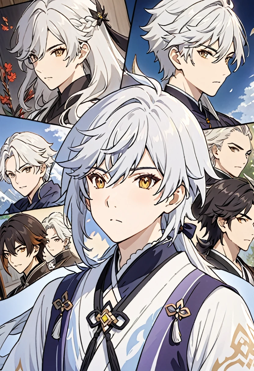 アニメ, um homem de pele oscura com white  hair, keqing do impacto genshin, cute androgynous prince, delicate androgynous prince, white  hair deity, zhongli do impacto genshin, handsome guy in demon slayer art, genshin, photo of a male cleric, white  hair, portrait of thancred, arte detalhada de personagem de アニメ,