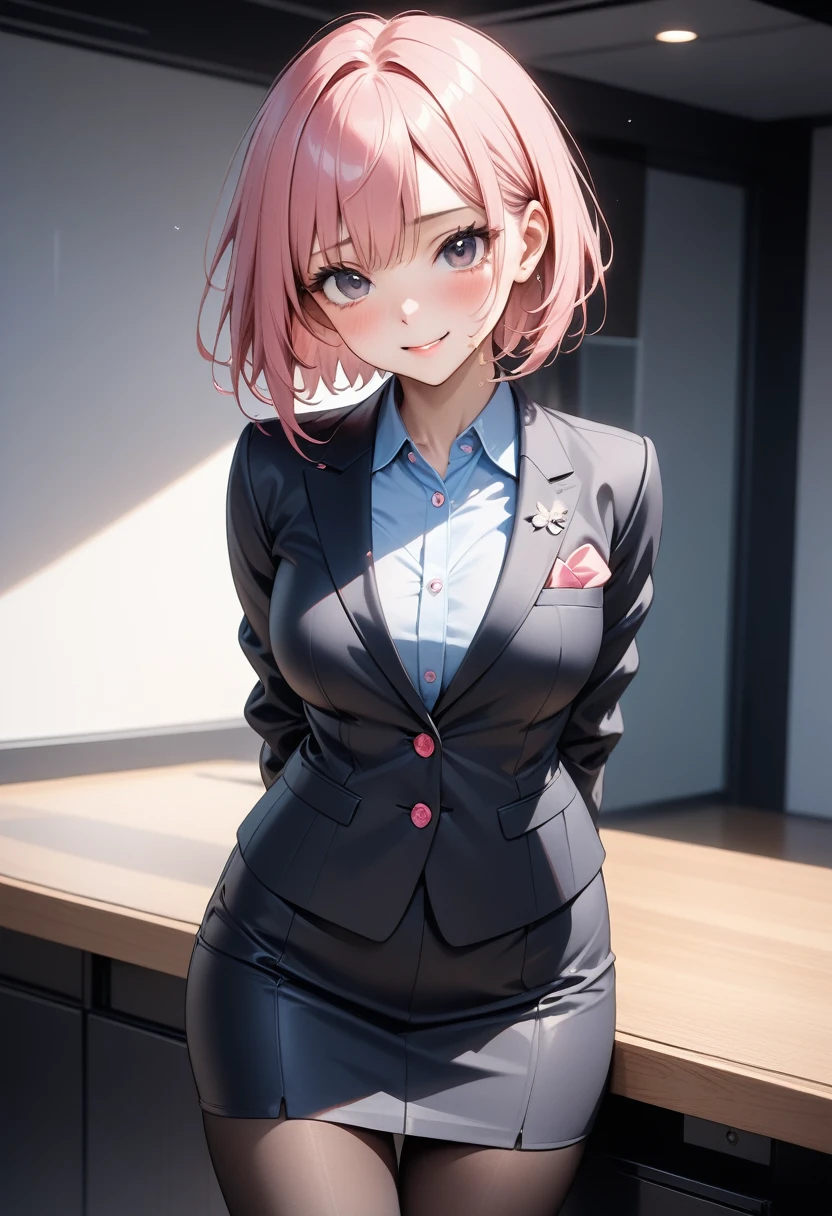 ((skirt suit)), ((cropped jacket)), ))Pencil skirt)), (black pantyhose), skindentation, skinny, solo, 1 woman, Masterpiece, highest quality, highest quality, 16K, incredibly absurd, highly detailed, 2.5D, ai-generated, delicate and dynamic, very delicate facial expressions, delicate eye depiction, erotic, only sexy woman, ((A cute and kind face)), healthy figure, 25-year-old woman, 160cm tall, medium firm swaying bust, (short hair), (pink hair:1.5), bob cut, black eye, blush, Sweat,Embarrassed,sexy, ((thin thighs)), (camel toe:0.8), (Erect nipples:0.7), ((shiny and lustrous)), facing straight at viewer, smile, (standing), cowboy shot, (arms behind back),