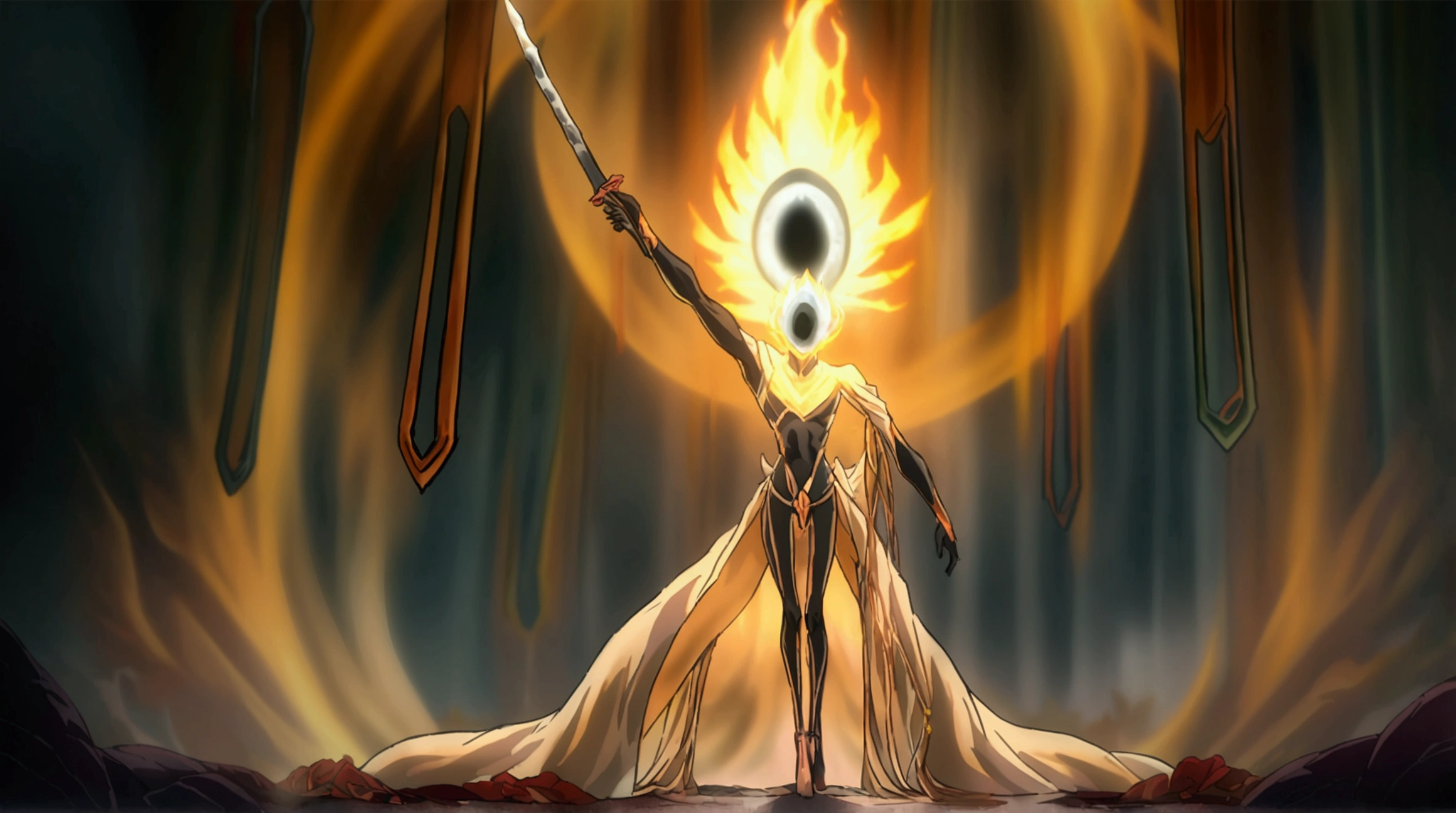 a primordial man with a skinny body, a supermassive black hole in place of his head, holding a powerful katana, anime style, black background