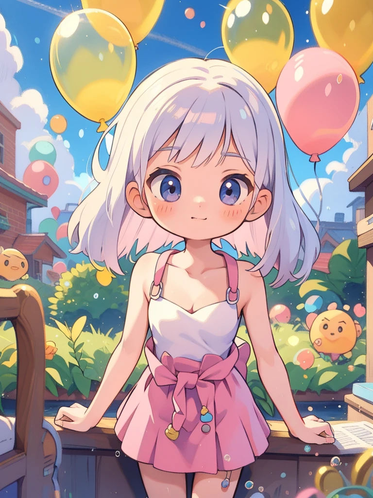 sweet girl，Beautiful and lovely，flower ring，pink suspenders，bare shoulders，show me your waist，short skirt，a little cleavage，many colorful bubbles，Bright face，chibistyle，There is a collarbone，long white hair，fluffy，fits your finger perfectly，delicate face，It is perfect，4K quality，colored balloons，towards the sky，3D artistic rendering，3d art girl，distance ，Newspaper on wall background，Traditional Korean painting，32K Ultra HD，top quality，colorful oil pastels