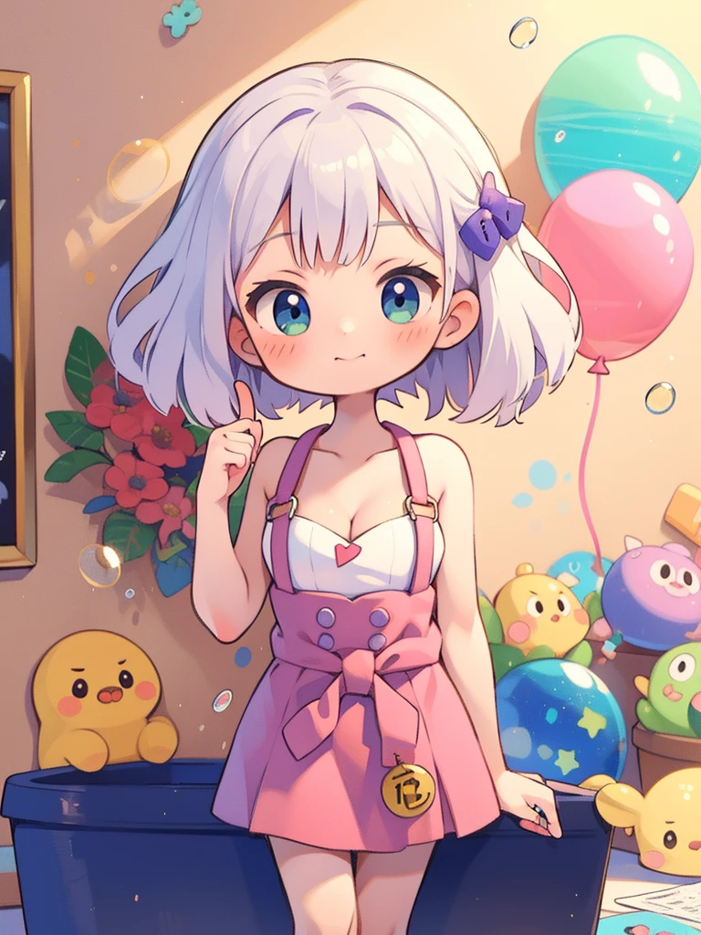 sweet girl，Beautiful and lovely，flower ring，pink suspenders，bare shoulders，show me your waist，short skirt，a little cleavage，many colorful bubbles，Bright face，chibistyle，There is a collarbone，long white hair，fluffy，fits your finger perfectly，delicate face，It is perfect，4K quality，colored balloons，towards the sky，3D artistic rendering，3d art girl，distance ，Newspaper on wall background，Traditional Korean painting，32K Ultra HD，top quality，colorful oil pastels