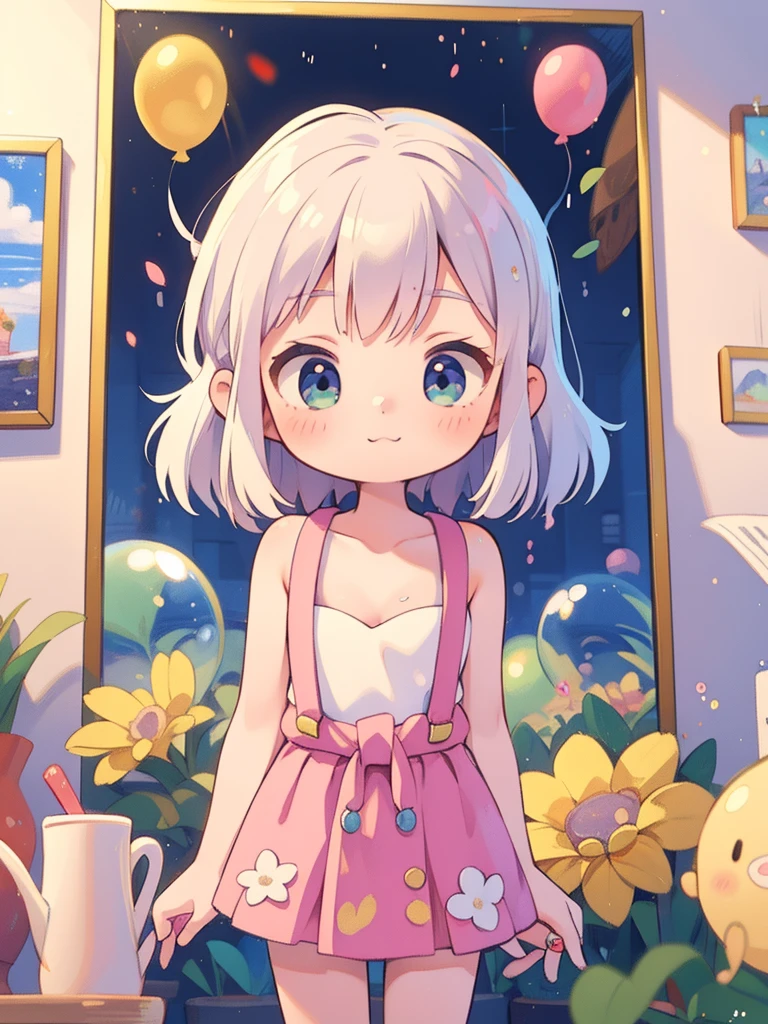 sweet girl，Beautiful and lovely，flower ring，pink suspenders，bare shoulders，show me your waist，short skirt，a little cleavage，many colorful bubbles，Bright face，chibistyle，There is a collarbone，long white hair，fluffy，fits your finger perfectly，delicate face，It is perfect，4K quality，colored balloons，towards the sky，3D artistic rendering，3d art girl，distance ，Newspaper on wall background，Traditional Korean painting，32K Ultra HD，top quality，colorful oil pastels