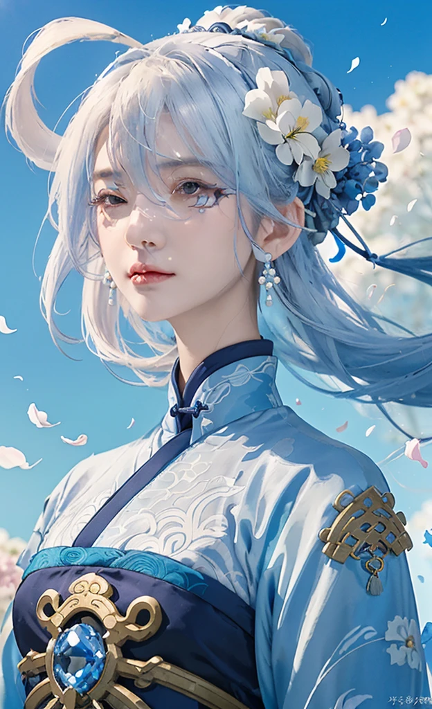 Mature girl, blue and white hair color, floating hair, delicate and flexible eyes, intricate brocade hanfu, gorgeous accessories, wearing pearl earrings, FOV, f/1.8, masterpiece, ancient Chinese style architecture, blue sky, flower petals flying, front portrait shot, Chang'e, side lighting, sunlight shining on people