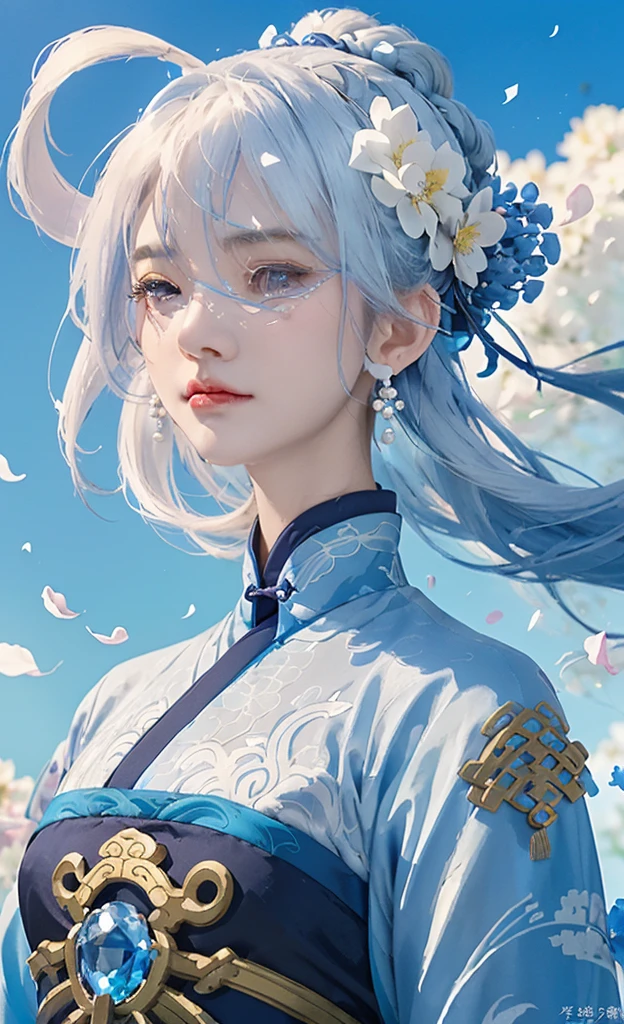 Mature girl, blue and white hair color, floating hair, delicate and flexible eyes, intricate brocade hanfu, gorgeous accessories, wearing pearl earrings, FOV, f/1.8, masterpiece, ancient Chinese style architecture, blue sky, flower petals flying, front portrait shot, Chang'e, side lighting, sunlight shining on people