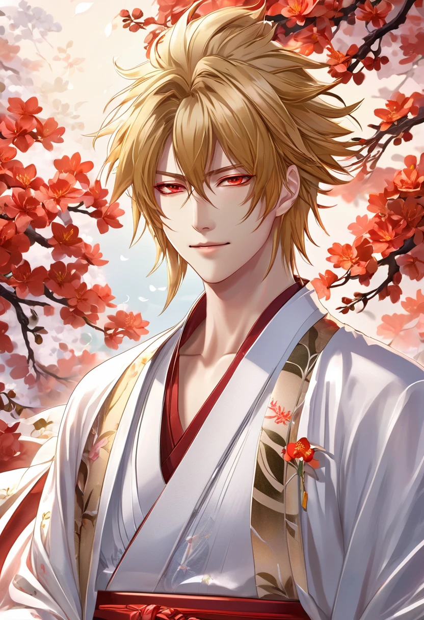 (masterpiece, Very detailed, Exquisite, beautiful, Full HD, High resolution, Absurd) Chikage Kazama、alone, male, A detailed anime-style illustration of a beautiful male character. He has golden hair and sharp red eyes, and he is wearing a white kimono with floral patterns. He is holding a red flower in his hand and smiling. The background is simple with floral designs. The overall mood should be calm and enchanting, with soft lighting to emphasize the delicate features of the character.
