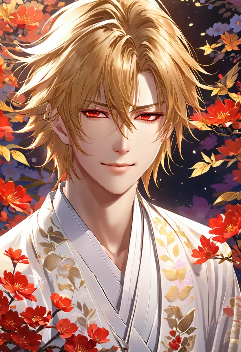 (masterpiece, Very detailed, Exquisite, beautiful, Full HD, High resolution, Absurd) Chikage Kazama、alone, male, A detailed anime-style illustration of a beautiful male character. He has golden hair and sharp red eyes, and he is wearing a white kimono with floral patterns. He is holding a red flower in his hand and smiling. The background is simple with floral designs. The overall mood should be calm and enchanting, with soft lighting to emphasize the delicate features of the character.