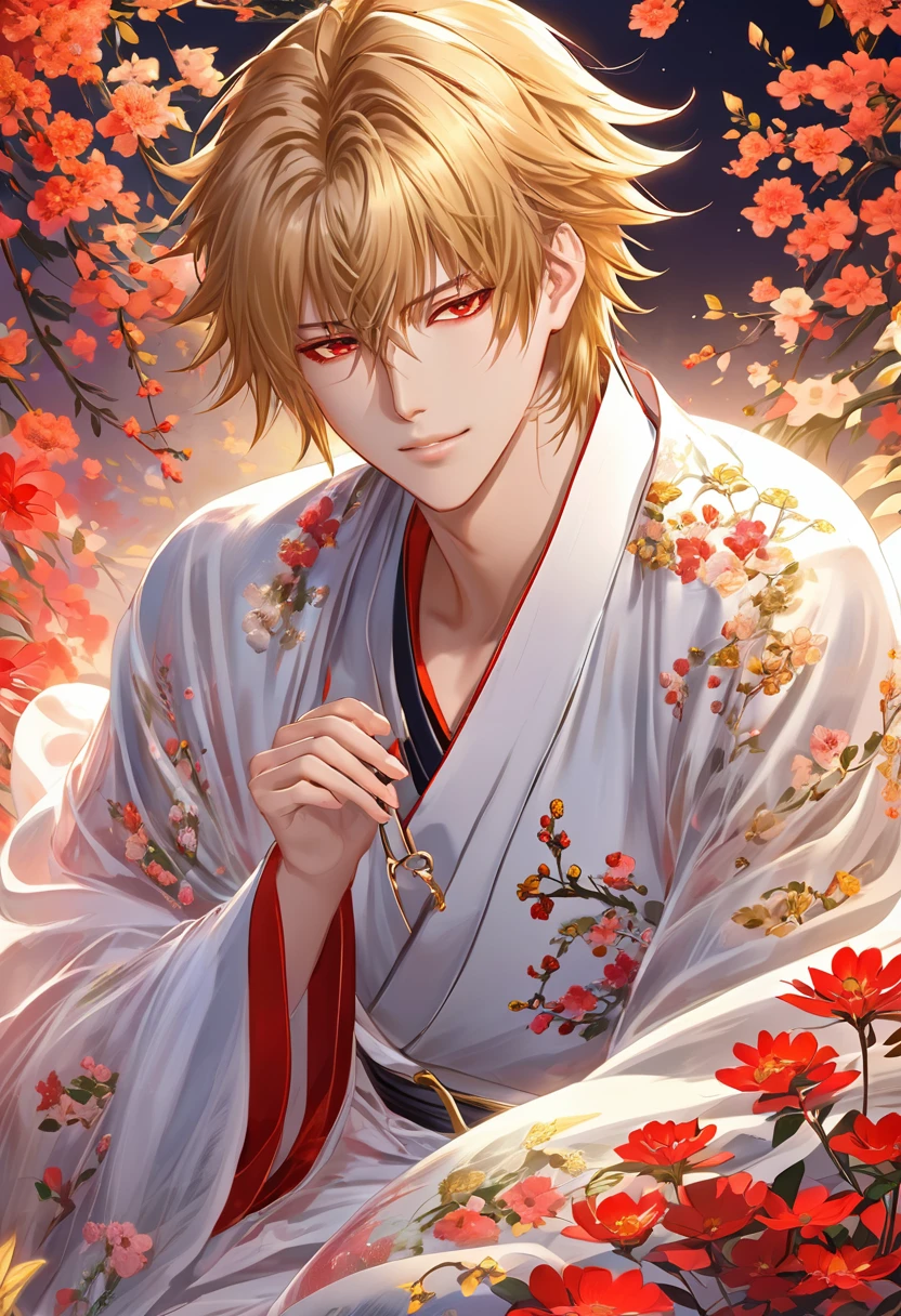 (masterpiece, Very detailed, Exquisite, beautiful, Full HD, High resolution, Absurd) Chikage Kazama、alone, male, A detailed anime-style illustration of a beautiful male character. He has golden hair and sharp red eyes, and he is wearing a white kimono with floral patterns. He is holding a red flower in his hand and smiling. The background is simple with floral designs. The overall mood should be calm and enchanting, with soft lighting to emphasize the delicate features of the character.