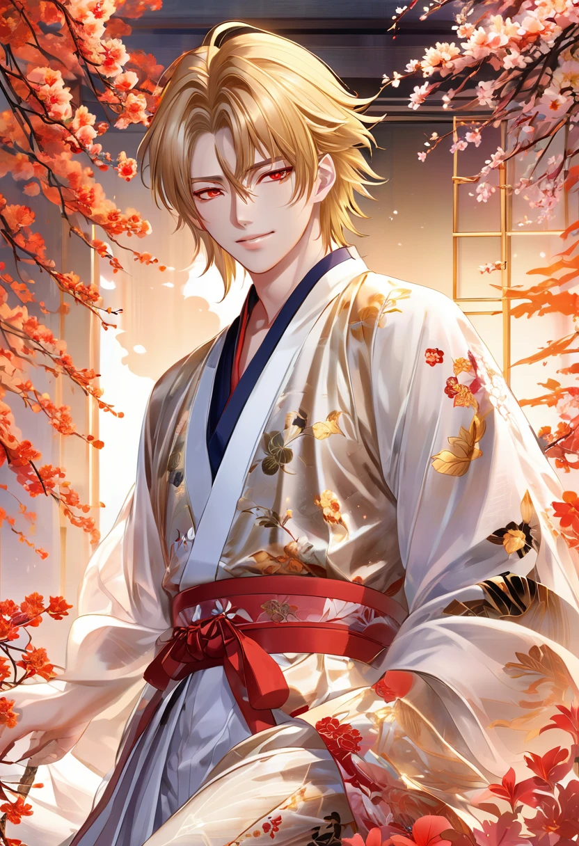 (masterpiece, Very detailed, Exquisite, beautiful, Full HD, High resolution, Absurd) Chikage Kazama、alone, male, A detailed anime-style illustration of a beautiful male character. He has golden hair and sharp red eyes, and he is wearing a white kimono with floral patterns. He is holding a red flower in his hand and smiling. The background is simple with floral designs. The overall mood should be calm and enchanting, with soft lighting to emphasize the delicate features of the character.