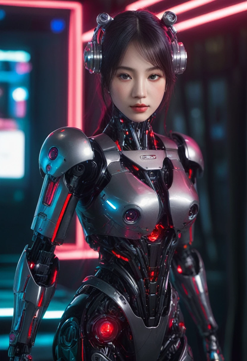xxmixgirl. Highly detailed professional 35mm film, bokeh, face in sharp focus. A robotic female, Miku, with ((metal skin)), ((perfect Asian eyes)) with magenta irises and ((black pupils)), beautiful serious (detailed face), 18 year old ((photorealistic face)), very long magenta twin tails of magenta hair, twin black hair ties with a single red stripe. She may have a black audio headpiece. We can see her ((full body)) down to her boot soles. Her outfit is a sleeveless collared light grey shirt, outlined in red around the frilled collar and hems. Shiny reflective ((metallic breast cups, dimpleless)), invisible nipples. She wears black sleeves with red hems that start around her upper arm and bellow out as the sleeves open and extend to her wrists, with wide trumpet red rimmed cuffs. She has perfect robotic (detailed hands). She wears a red colored tie with two horizontal solid parallel black lines halfway across. She wears a fabric black skirt with a horizontal red hem at the bottom all the way around; her (((black skirt wraps around her))) and ((her skirt completely covers)) her robotic waist and thighs. Tall black boots with red bottom soles, a red rim around the top at her thighs. Her mechanical shoulder joints are visible. We can see her robotic legs and robotic neck. Half of her is covered with shiny polished machinery. The background is a distant dark neon futuristic Japanese city, gold, cyan, violet neon, near harbor or mountains.