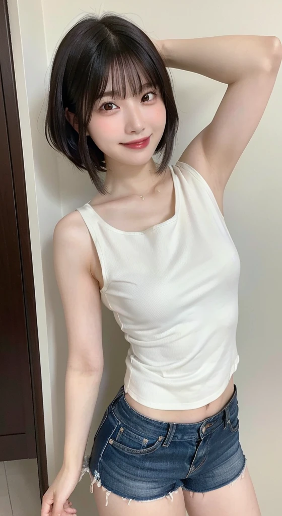 (Highest quality,masterpiece:1.3,超A high resolution,),(Ultra-detailed,Caustics,8K),(Ultra-dense skin,Photorealistic:1.4,RAW shooting,),,,1 girl,Japanese,20-year-old,cute,Black-haired,short hair,(Large Breasts),A happy smile,Looking at the camera,Natural soft light、My chest is open、whole body、White Room、Tabletop、Selfie、Slender、rib cage、slender、Ribs、T-Shirts、Shorts