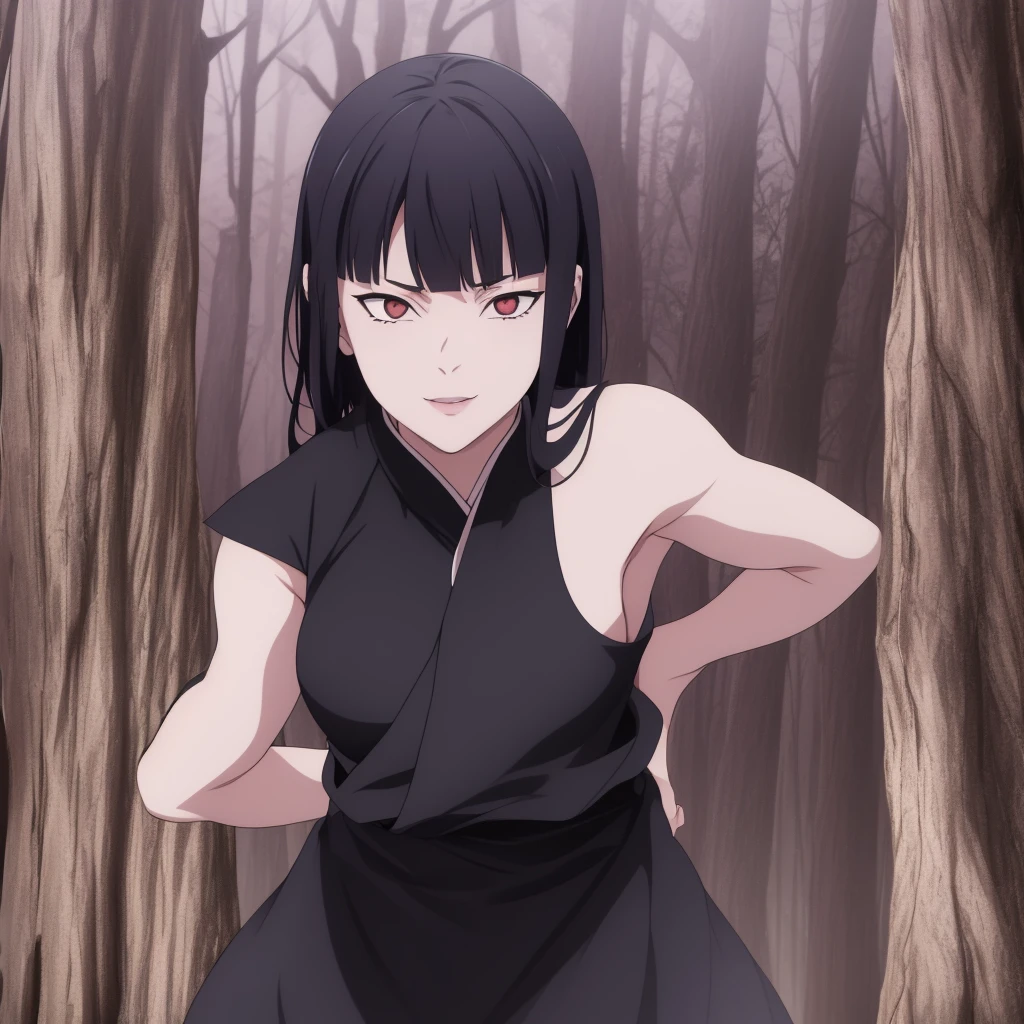 Jujutsu Kaisen style anime, a girl, alone, white skin, white eyes with lilac details and no pupils, long straight black hair with bangs, wearing a dark blue Jujutsu Kaisen uniform, is looking at the viewer, she is smiling without showing her teeth , slightly pink lip, slightly pink cheeks, background of a forest with some oriental buildings