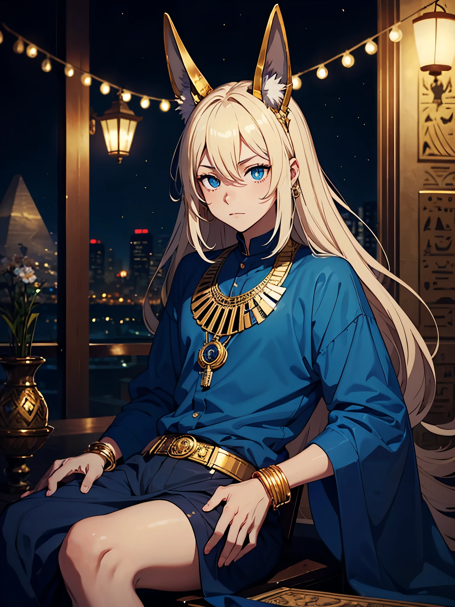Älter. More anime style. cutie pie. アニメ! Teenage boy. Egyptian deity Anubis. Egyptian blue clothing. Blue clothes. long blond hair. Lots of gold jewelry. dark skin. Egyptian. dazzling blue eyes. mystical. divine.