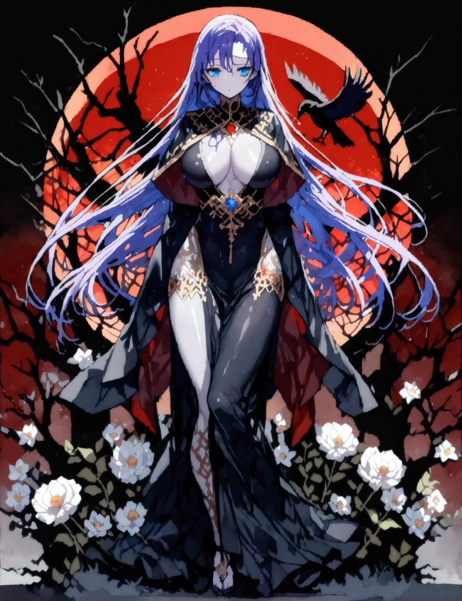 長い髪のbeautifulアニメ風の美女, (((Purple-blue hair)))Gold decoration,(((Highest quality)))Transparent Hair,Face of Sadness,(((blue eyes)))A beautiful woman filled with sorrow,(((Perfect body beauty)))Big Breasts,(((Immoral Black and Grey Priest)))Chaos Priest(((beautiful)))Pale skin,(((Glossy feel)))Full Body Shot,Crow,(((background)))dead tree,fog,Red Moon,Mysterious flower,Graveyard of Darkness。