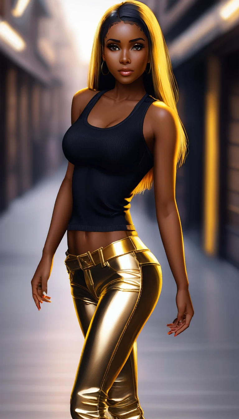 (Masterpiece:1),(of the highest quality:1),(HDR:1),(1 girl:1.2),neon clothing,(grey eyes:1.1),(bright Eyes:1.2),(two tone hair:1.2),(golden and black hair:1.1),(looking at the viewer:1.1),Masterpiece, Best Quality, beautiful dark skin woman , long golden hair tied in a ponytail, Short black sweater below the chest, tight low hip leather pants, looking at the viewer, big and perfect breasts, high-heeled shoes with golden heels