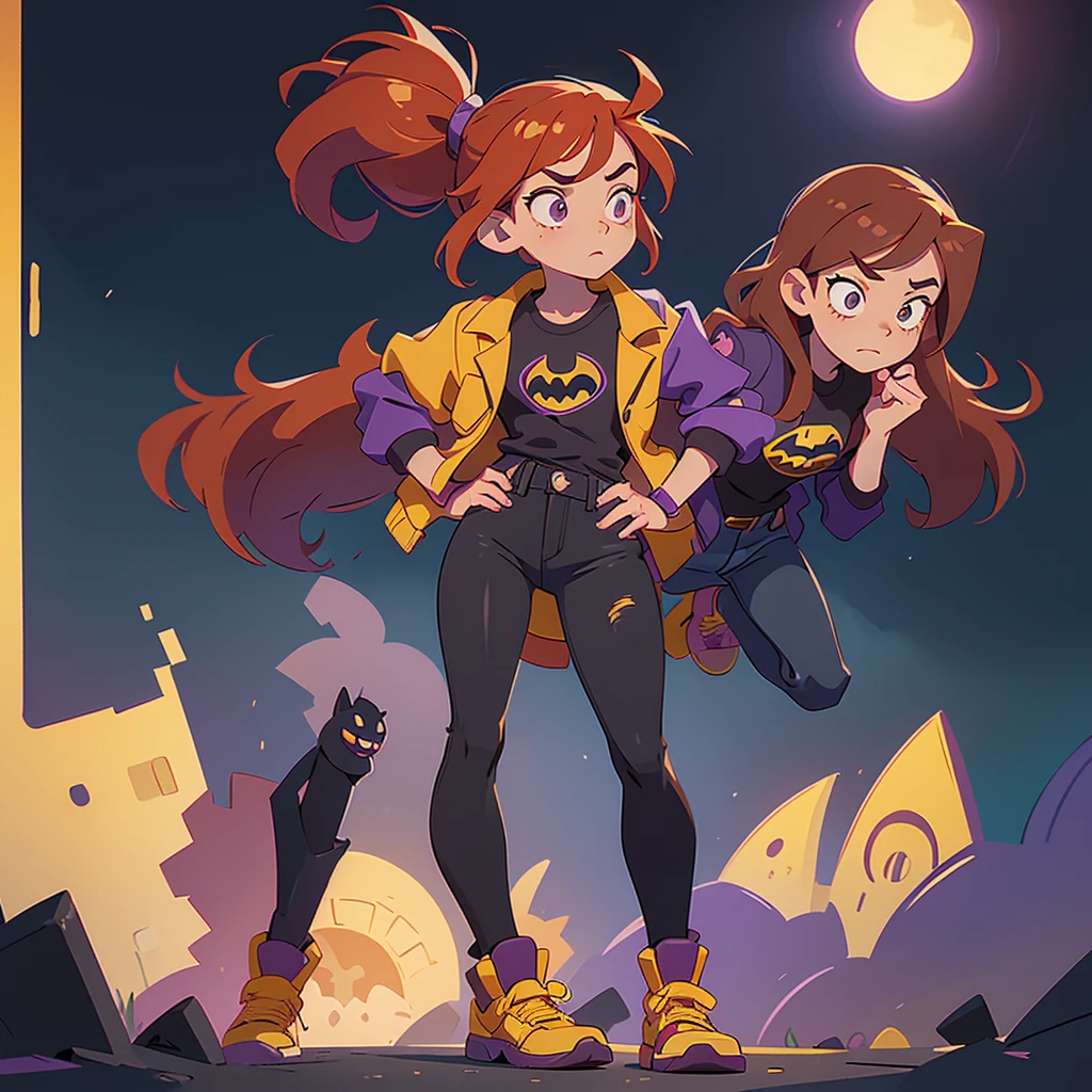I want you to make an illustration in Disney 2D animation style. The character is a young teenager of approximately 18 years old. She has shoulder-length red hair and is wearing an open purple jacket and underneath is a black t-shirt with the Batman symbol on it. She is wearing dark jeans and, on her feet, she is wearing yellow combat boots.