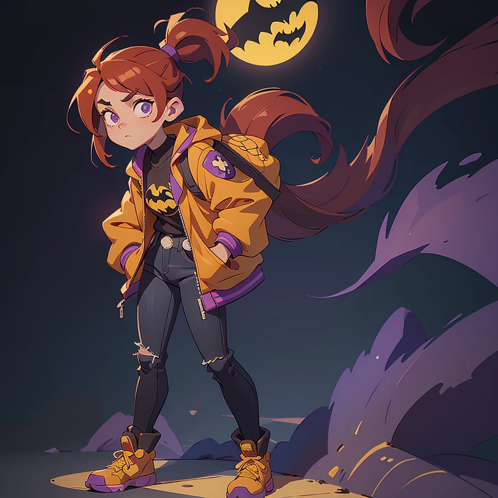 I want you to make an illustration in Disney 2D animation style. The character is a young ager of approximately 18 years old. She has shoulder-length red hair and is wearing an open purple jacket and underneath is a black t-shirt with the Batman symbol on it. She is wearing dark jeans and, on her feet, she is wearing yellow combat boots.