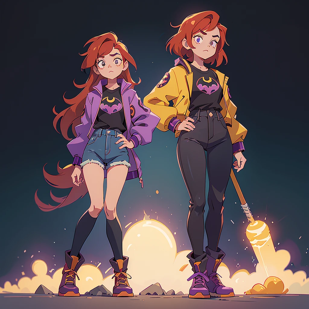 I want you to make an illustration in Disney 2D animation style.  The character is a young teenager of approximately 18 years old.  She has shoulder-length red hair and is wearing an open purple jacket and underneath is a black t-shirt with the Batman symbol on it.  She is wearing dark jeans and, on her feet, she is wearing yellow combat boots.