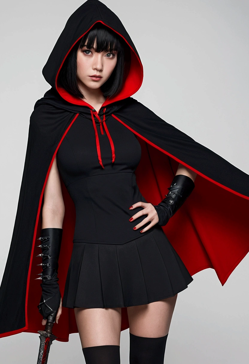 1 girl, Black hair with red tips, short hair with bangs, black dress or skirt, black large cape hood, with a kunai in his hand, Sleeve style