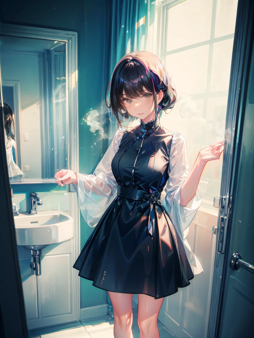Beautiful woman、28age、Draw a scene of Misaki standing in front of the bathroom mirror.。Misaki is wearing a transparent black dress with a light mist-like texture.。The dress symbolized her loneliness.、It gives a heavy yet ephemeral feeling.。Her expression is sad and introspective.、I'm looking at myself in the mirror。The background is a simple and contemporary bathroom.、The soft morning light shines in、There's a little bit of steam。The cityscape is faintly reflected in the mirror.。