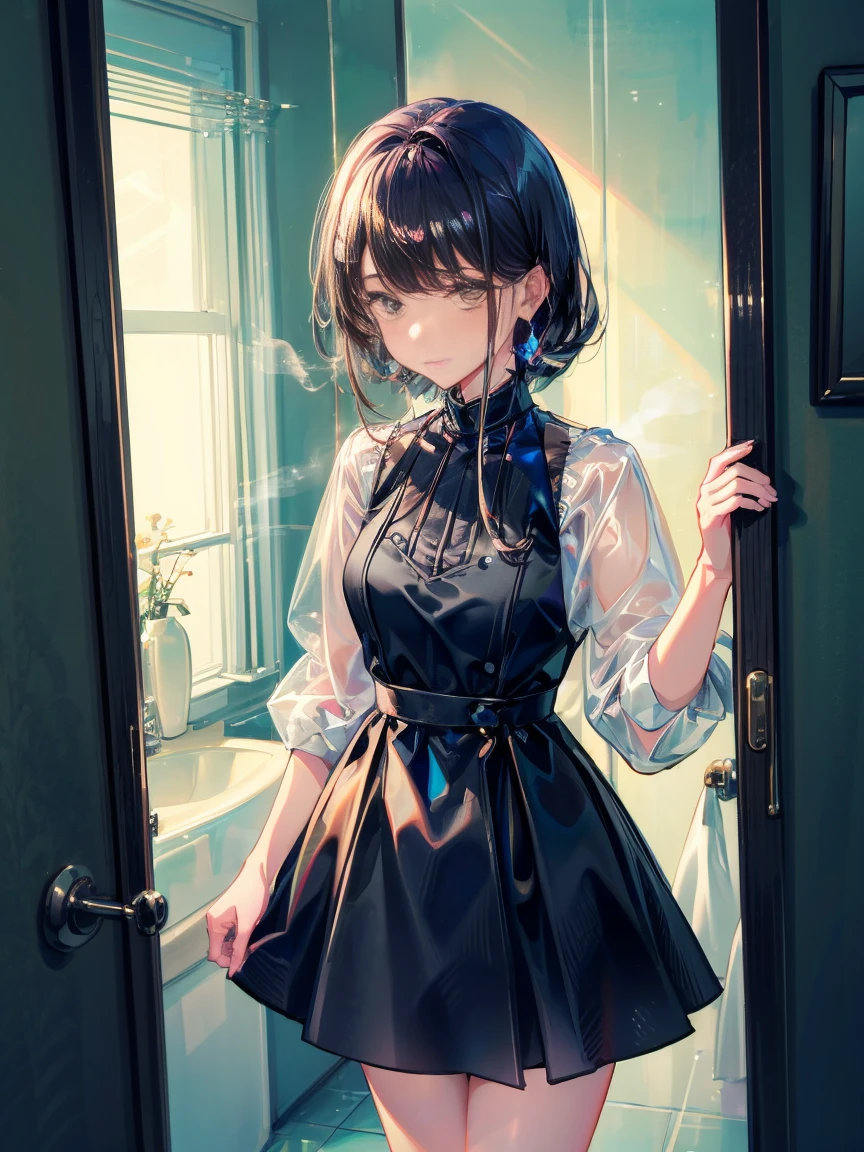 Beautiful woman、２８age、Draw a scene of Misaki standing in front of the bathroom mirror.。Misaki is wearing a transparent black dress with a light mist-like texture.。The dress symbolized her loneliness.、It gives a heavy yet ephemeral feeling.。Her expression is sad and introspective.、I&#39;m looking at myself in the mirror。The background is a simple and contemporary bathroom.、The soft morning light shines in、There&#39;s a little bit of steam。The cityscape is faintly reflected in the mirror.。