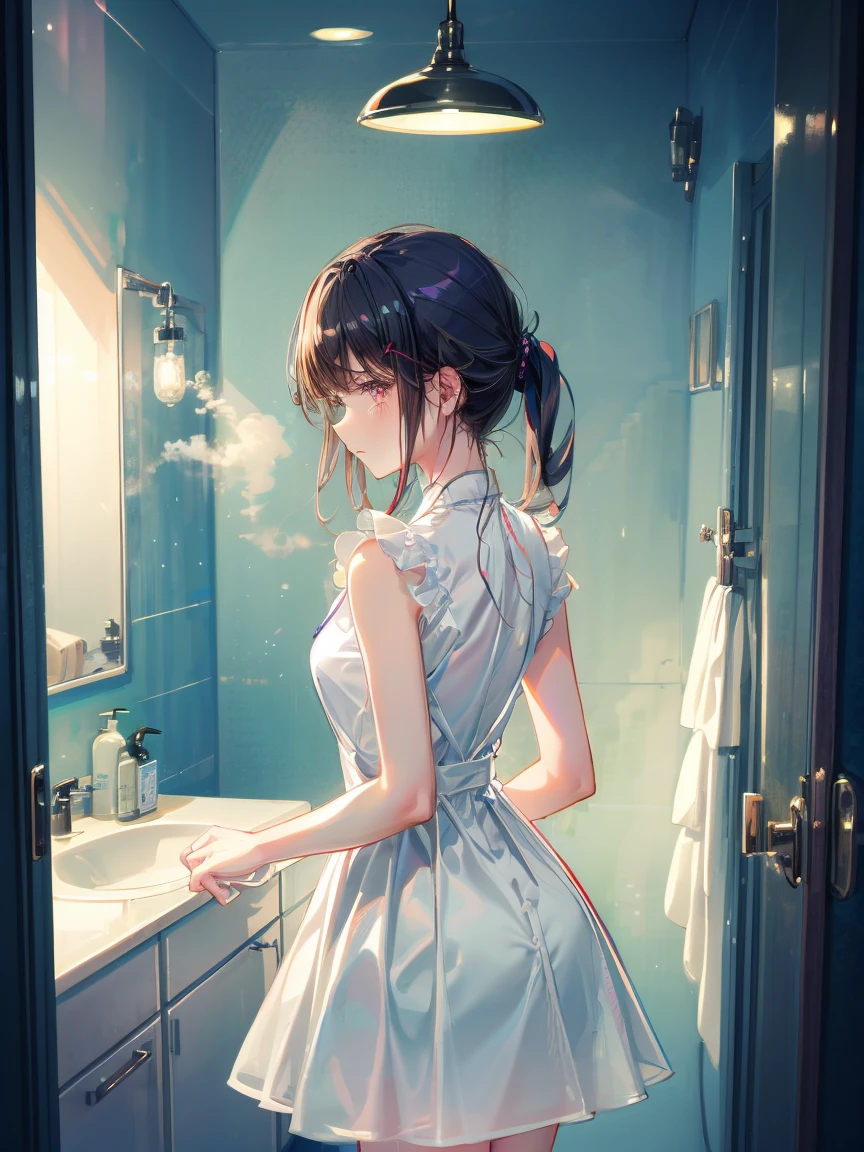 Beautiful woman、28age、Draw a scene of Misaki standing in front of the bathroom mirror.。Misaki is wearing a transparent black dress with a light mist-like texture.。The dress symbolized her loneliness.、It gives a heavy yet ephemeral feeling.。Her expression is sad and introspective.、I'm looking at myself in the mirror。The background is a simple and contemporary bathroom.、The soft morning light shines in、There's a little bit of steam。The cityscape is faintly reflected in the mirror.。