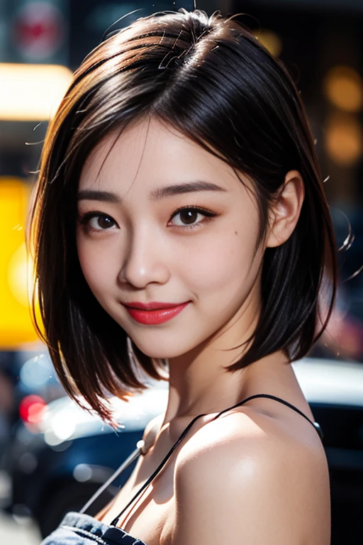 1 young girl, alone, looking at viewer, smile, short hair, black hair, closed mouth, upper body, mole, blurred, black eyes, lips, mole under eye, blurred background, portrait, realistic.