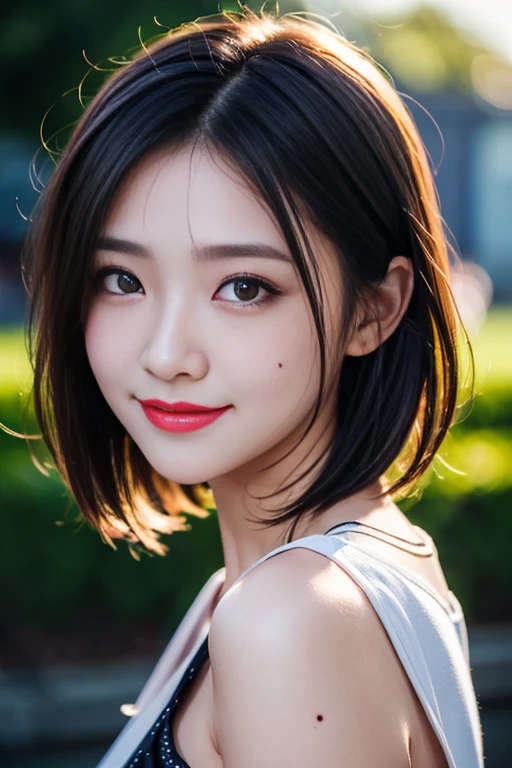 1 young girl, alone, looking at viewer, smile, short hair, black hair, closed mouth, upper body, mole, blurred, black eyes, lips, mole under eye, blurred background, portrait, realistic.