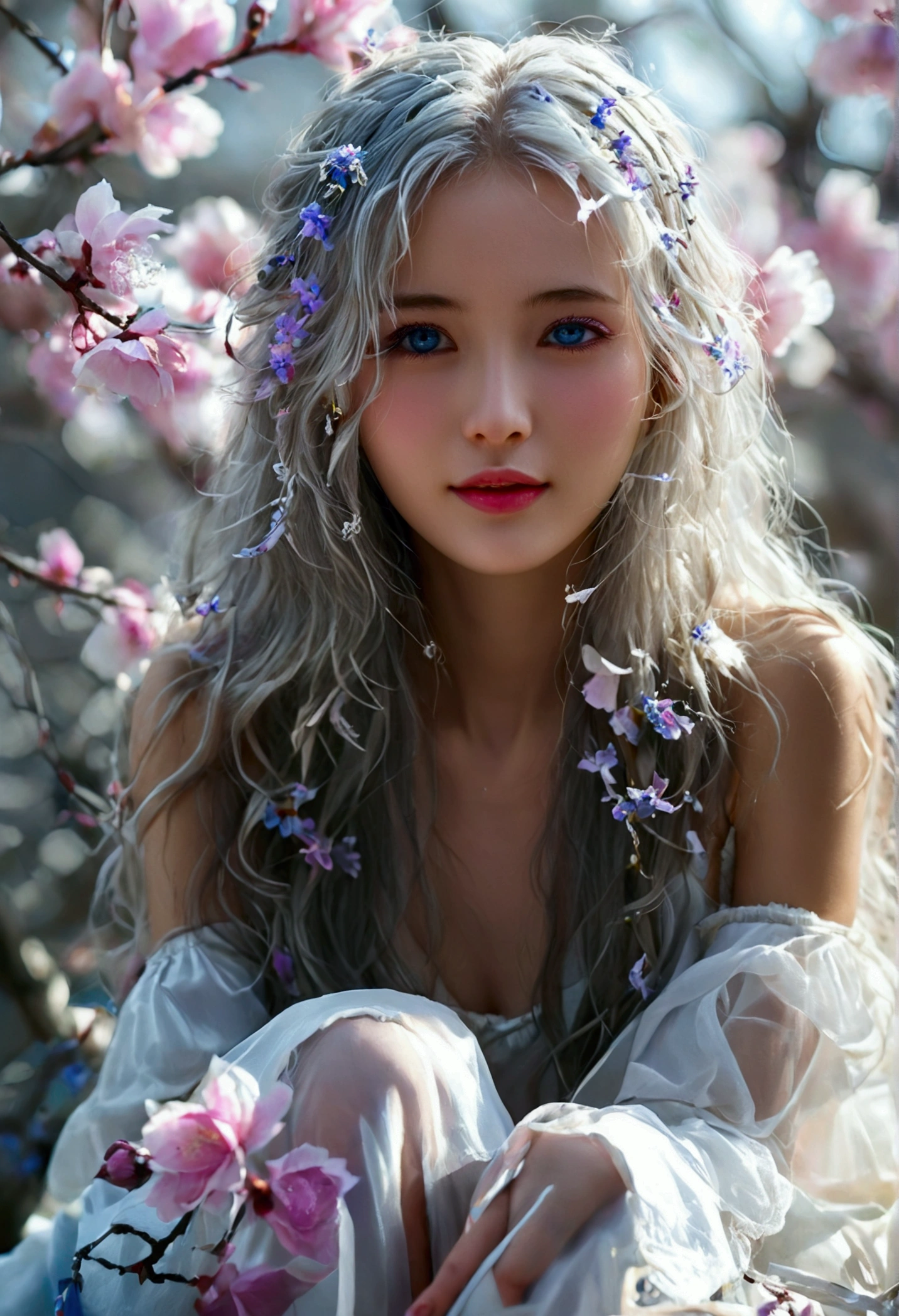 masterpiece, Excellent, daytime, outdoor, Falling Flowers, Branches, China人, China, 1 girl, Perfect Woman, Woman with long silver hair, Gray blue eyes, Light pink lips,  Serious, ,Purple Eyes, White clothes, , Delicate face, Delicate face, Sitting Legs, Smile