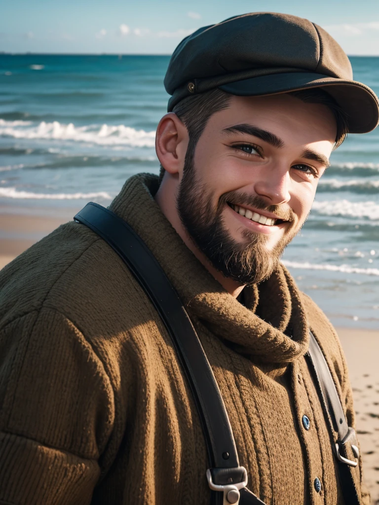 young man with camera and flat cap. smiling, happy, short dark blonde hair, short beard, northern germany, beach,