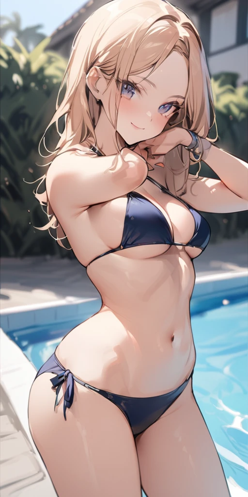 ((Highest quality、、masterpiece:1.3))、Long legs、Sharp focus:1.2, Beautiful woman with perfect figure:1.4、(Smiling:1.2), double eyelid、30-year-old female、Sexy pose、((((Close your mouth、One Woman、bikini)))),(((((one women,pool side:1.5)))))、((standing, cowboy shot:1.5))